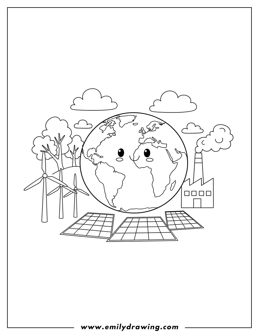 Coloring sheet featuring earth surrounded by trees, windmills, solar panels, clouds, and a factory