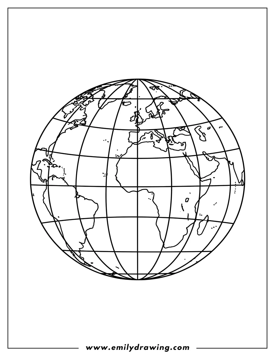 Downloadable coloring page of earth with longitude and latitude lines, depicted as a globe showing continents Europe and Africa