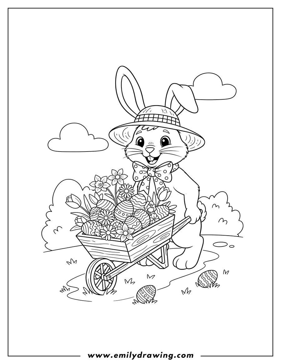 High quality printable easter Bunny wearing a straw hat and bow tie pushing a wheelbarrow filled with eggs and flowers for coloring