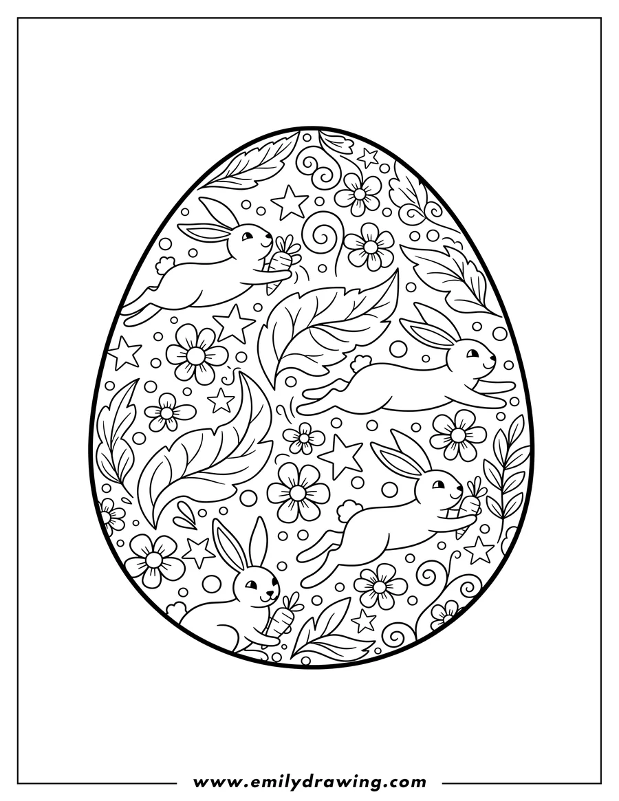Coloring page of easter egg with a pattern of bunnies, leaves, flowers, and stars