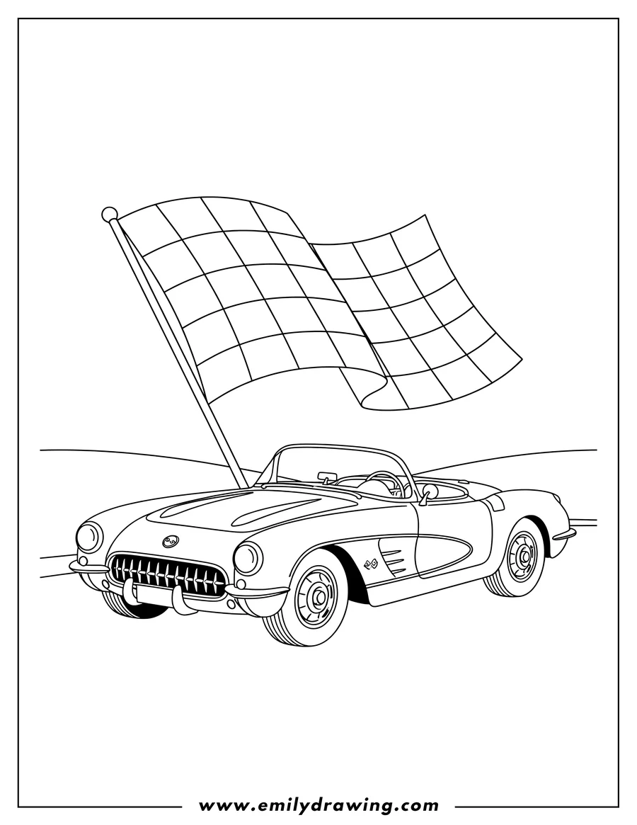 Linear illustration of 1955 Corvette V8 convertible with a checkered flag