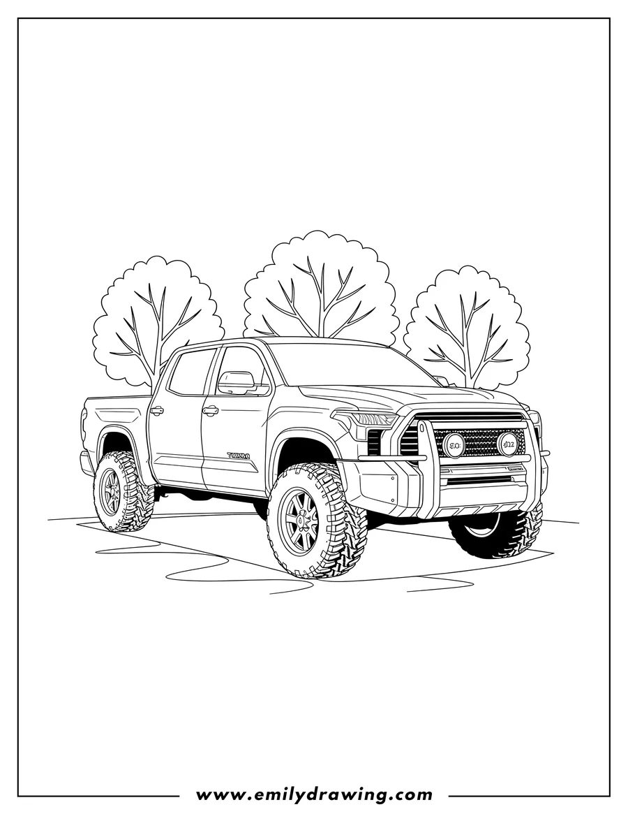 Clean line drawing: 2023 Toyota Tundra with large off-road tires and a front brush guard parked next to trees
