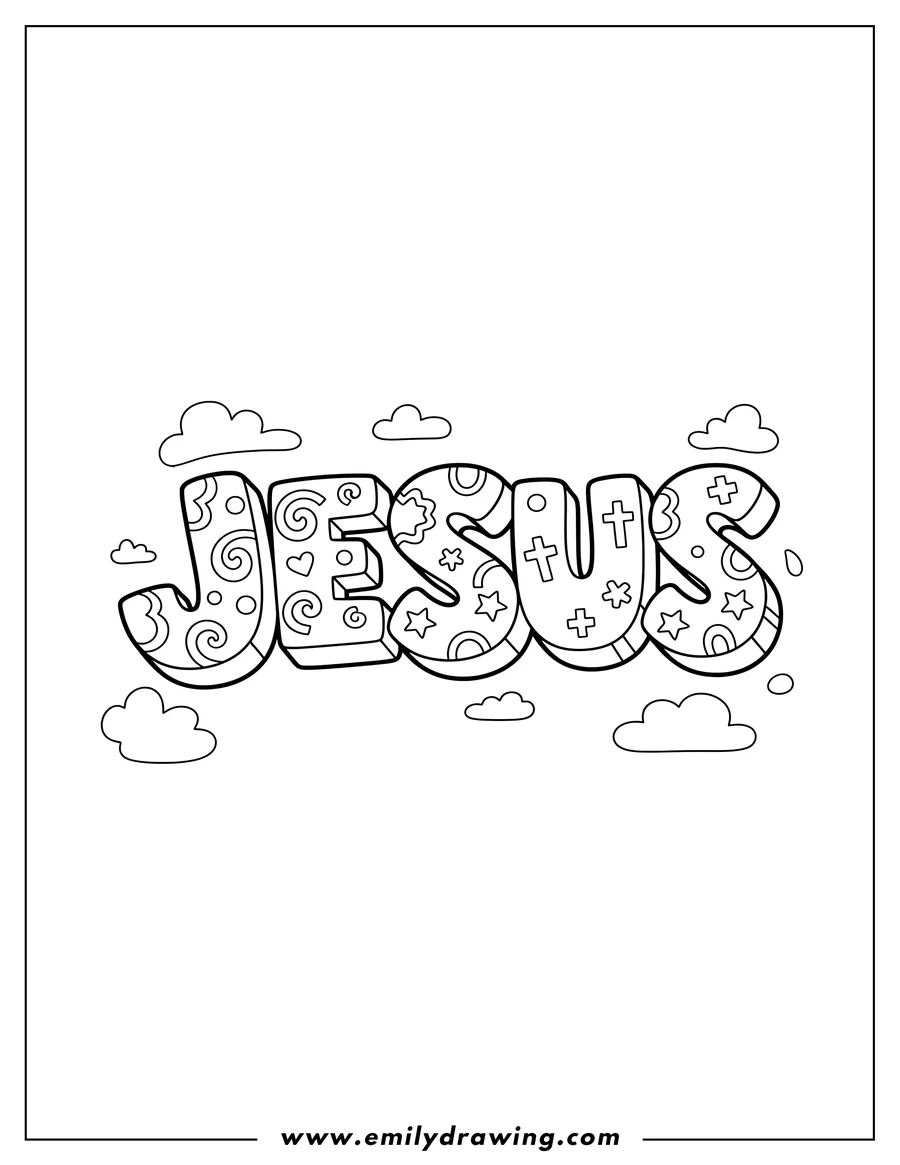 Printable line art of easy 3D script Jesus text outline