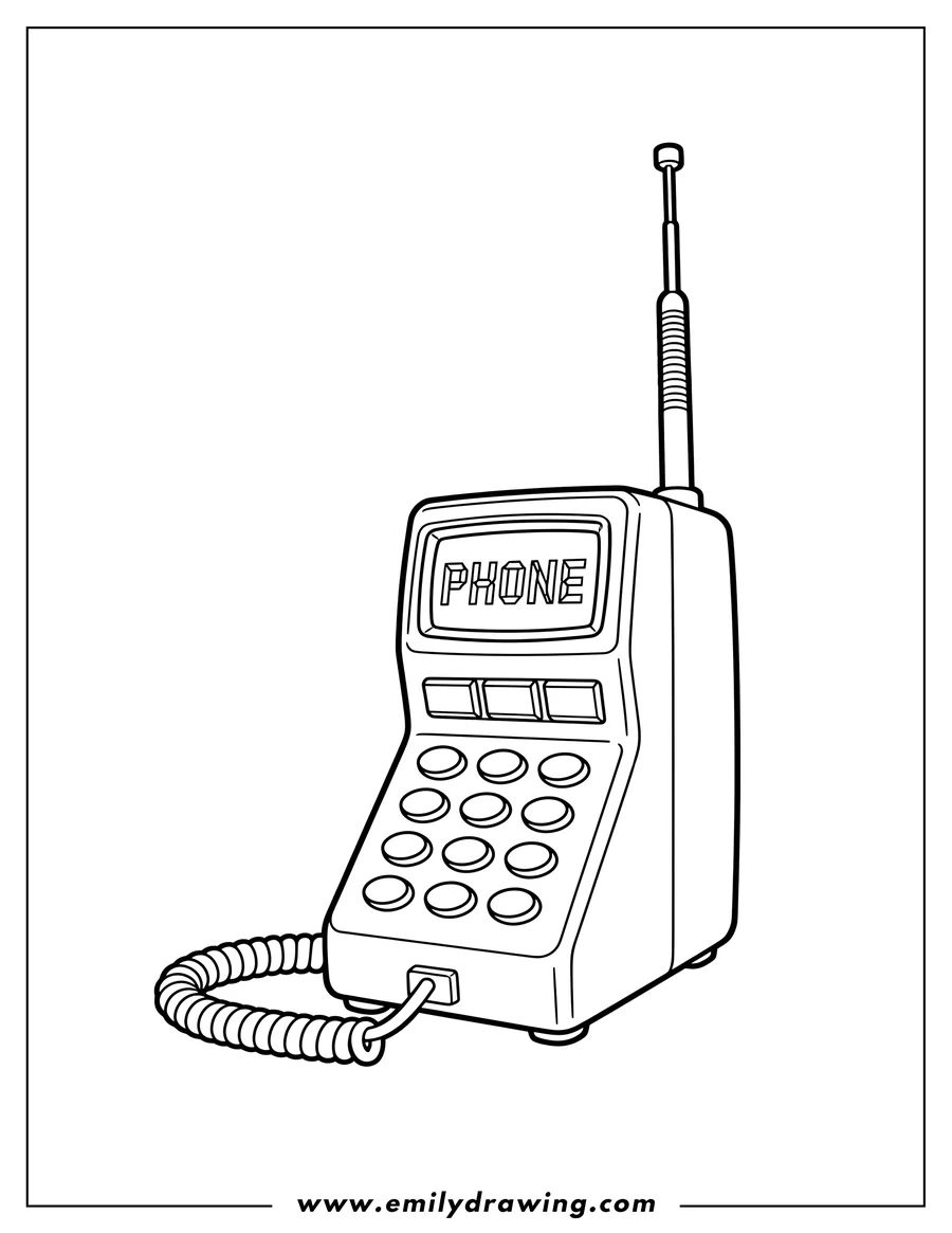 Coloring sheet featuring easy 80S classic brick phone with a long antenna