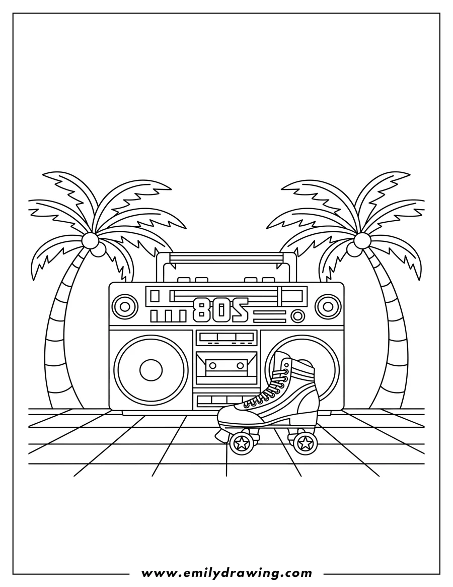 Linear illustration of 80s Tropical Boombox And Roller Skate Under Palm Trees on a grid floor