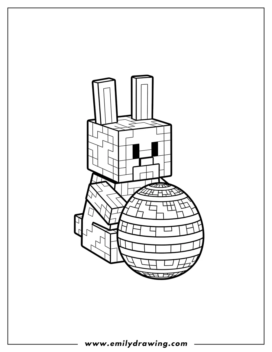 Linear illustration of A block bunny sitting in front of a large, striped Minecraft Easter egg