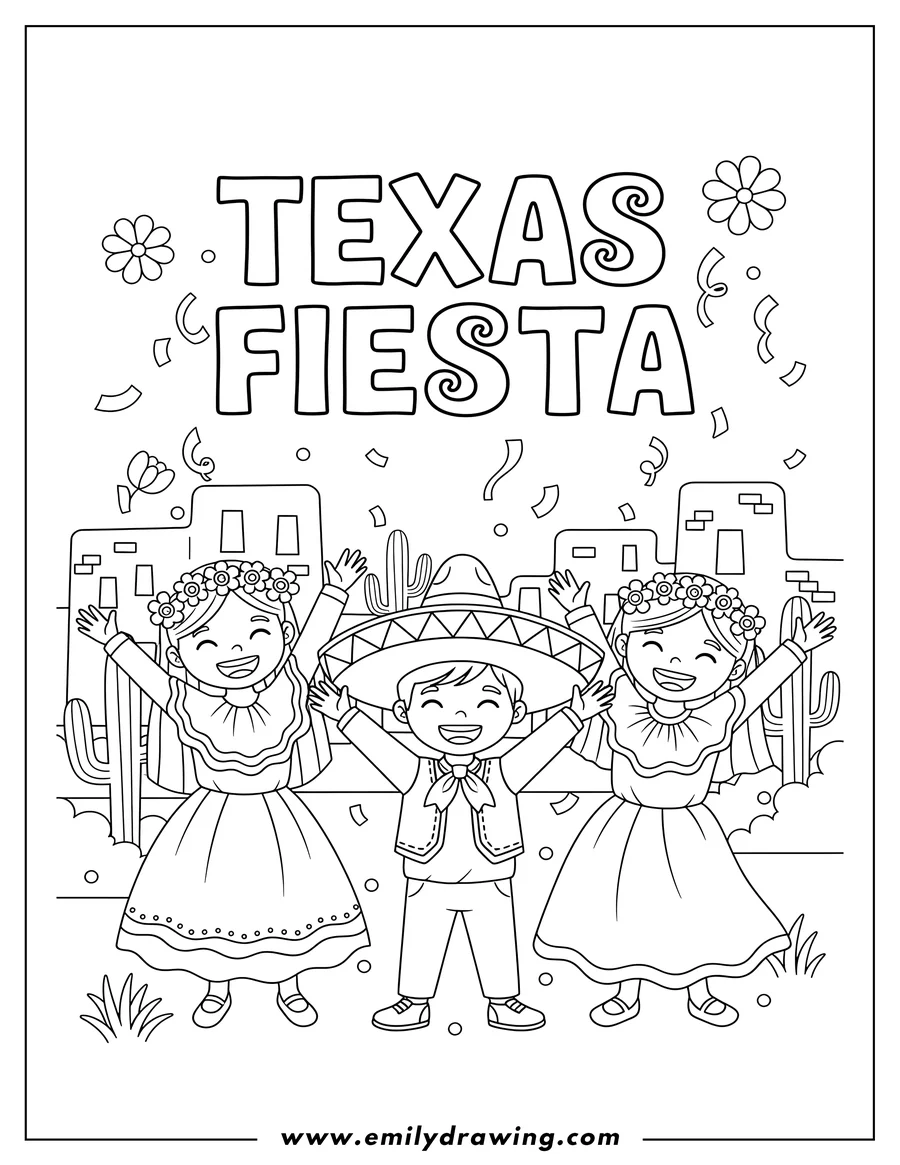 Vector style outline of A coloring page of a Texas Fiesta celebration featuring joyful children with raised arms, one wearing a sombrero, and the words 'TEXAS FIESTA' at the top
