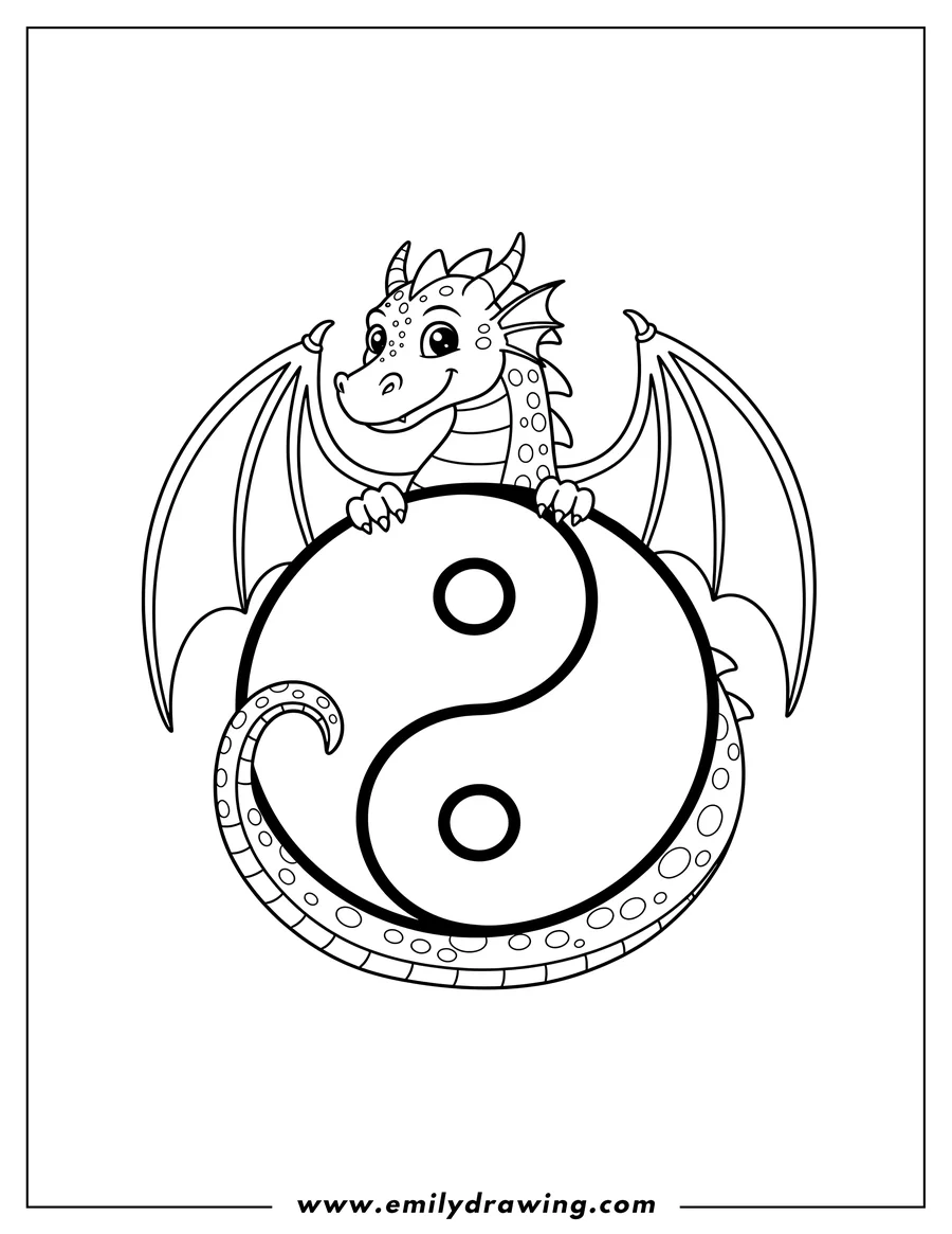 Black and white line art of A dragon with wings coiled around a Yin and Yang symbol