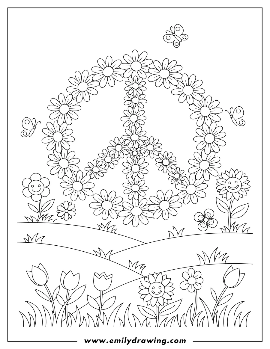Full page coloring image of A peace sign made of daisies, on grass, surrounded by flowers
