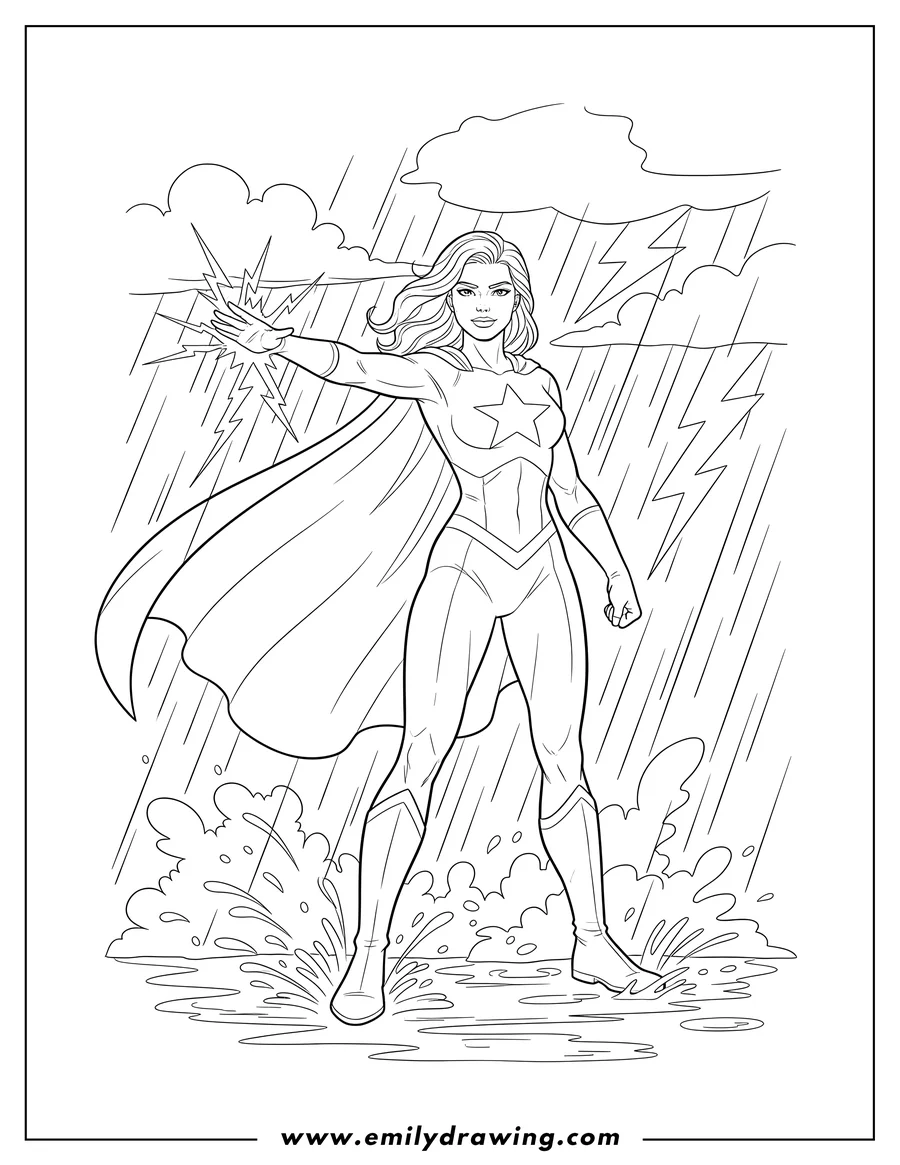 Doodle style coloring picture of A powerful superheroine in a storm, with an extended hand conjuring lightning, a flowing cape, and falling rain