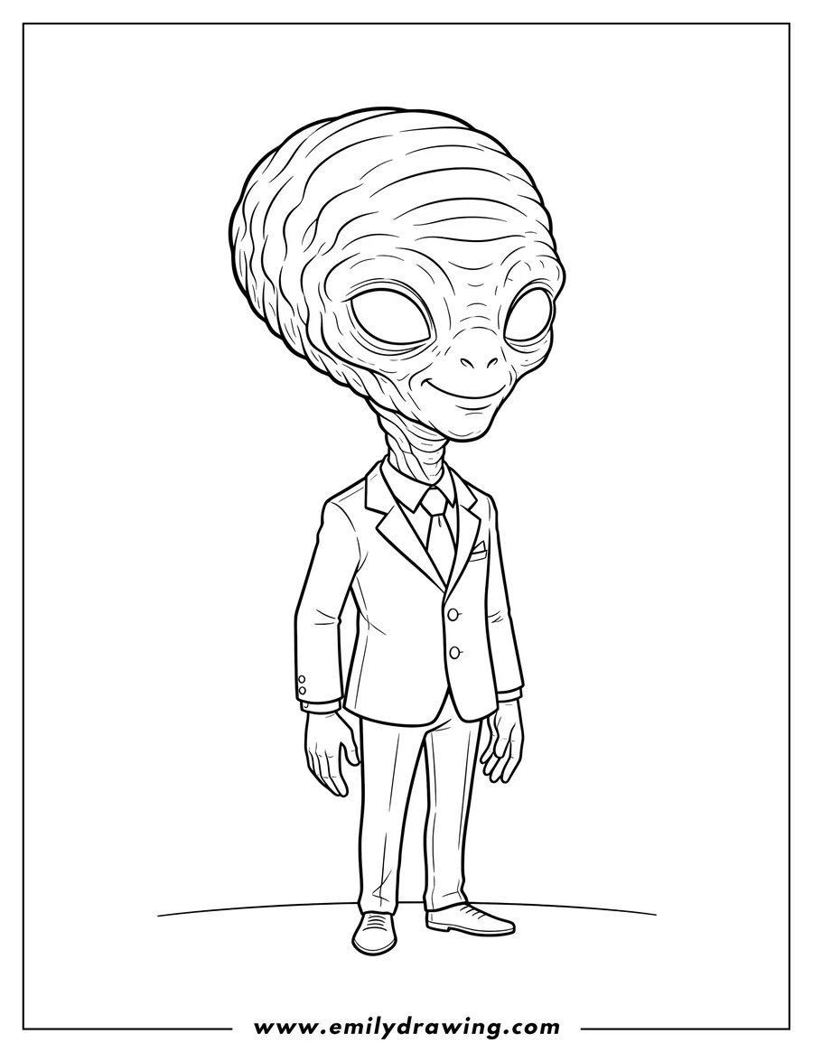 Printable coloring page of A Silence alien in a suit with a wrinkled head