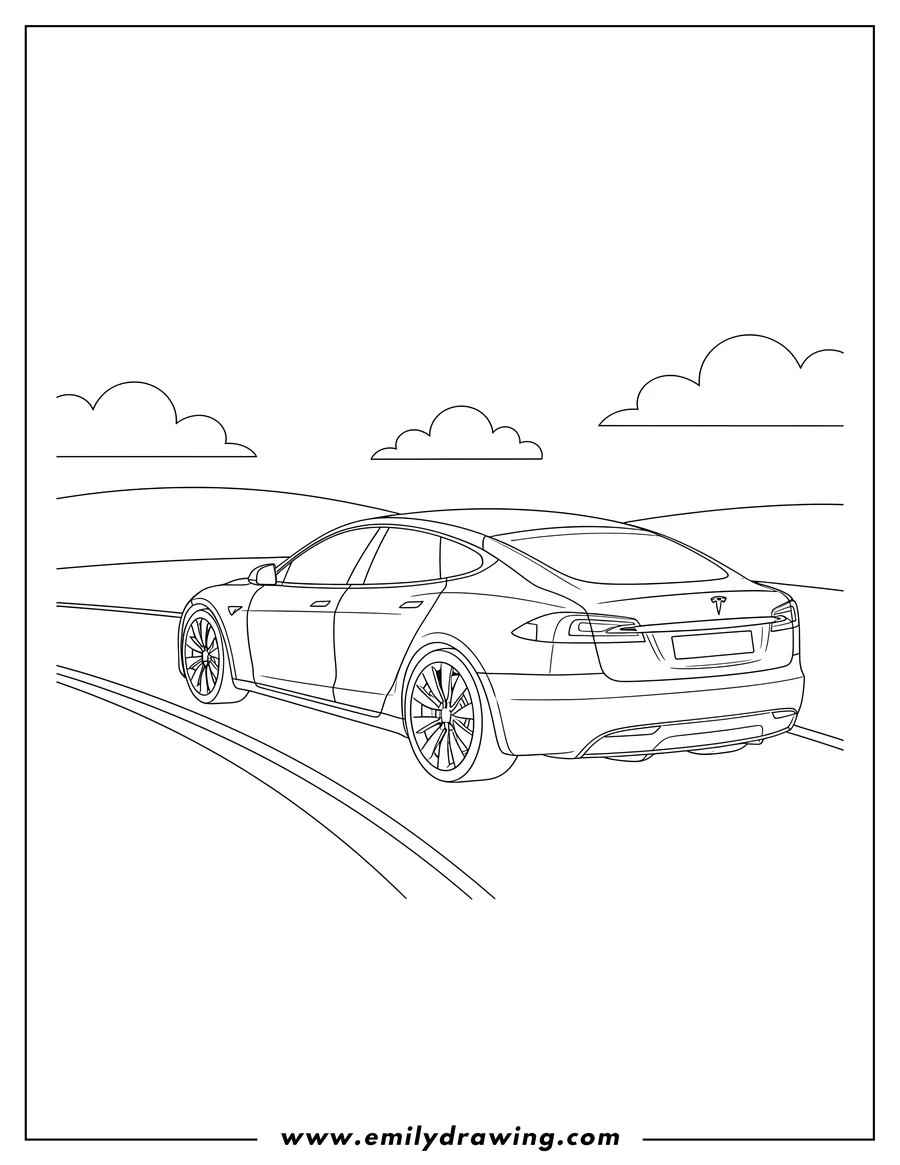 Downloadable coloring page of A Tesla Model S Scaled from the rear-right on a road