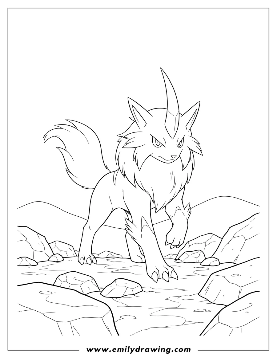 Clean line drawing: absol walking forward on rocky terrain