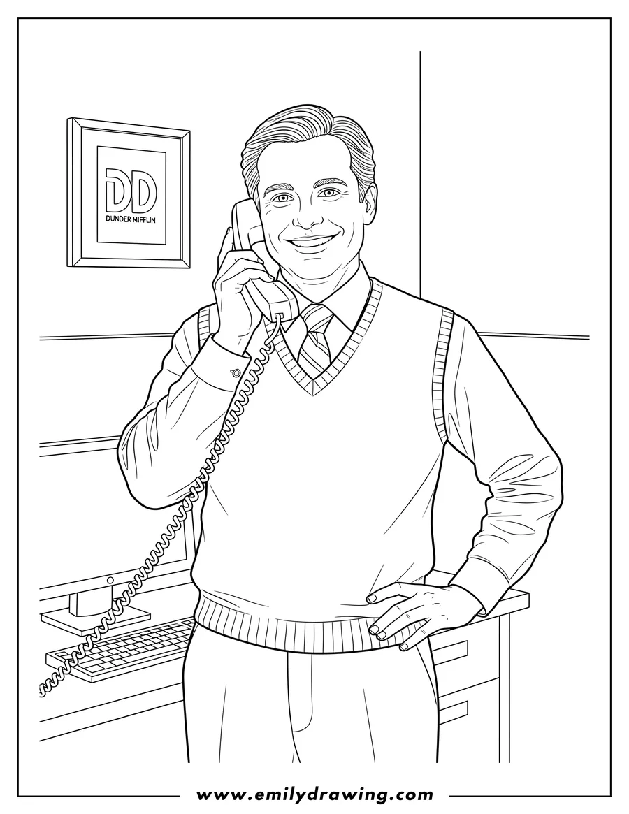 Doodle style coloring picture of dunder Mifflin Accountant Oscar Martinez holding a phone to his ear and smiling