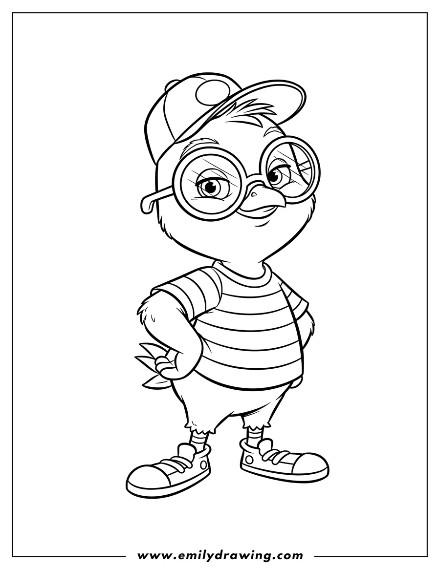 Printable coloring page of ace Cluck from Chicken Little, wearing glasses and a striped shirt, standing with one hand on his hip, coloring page