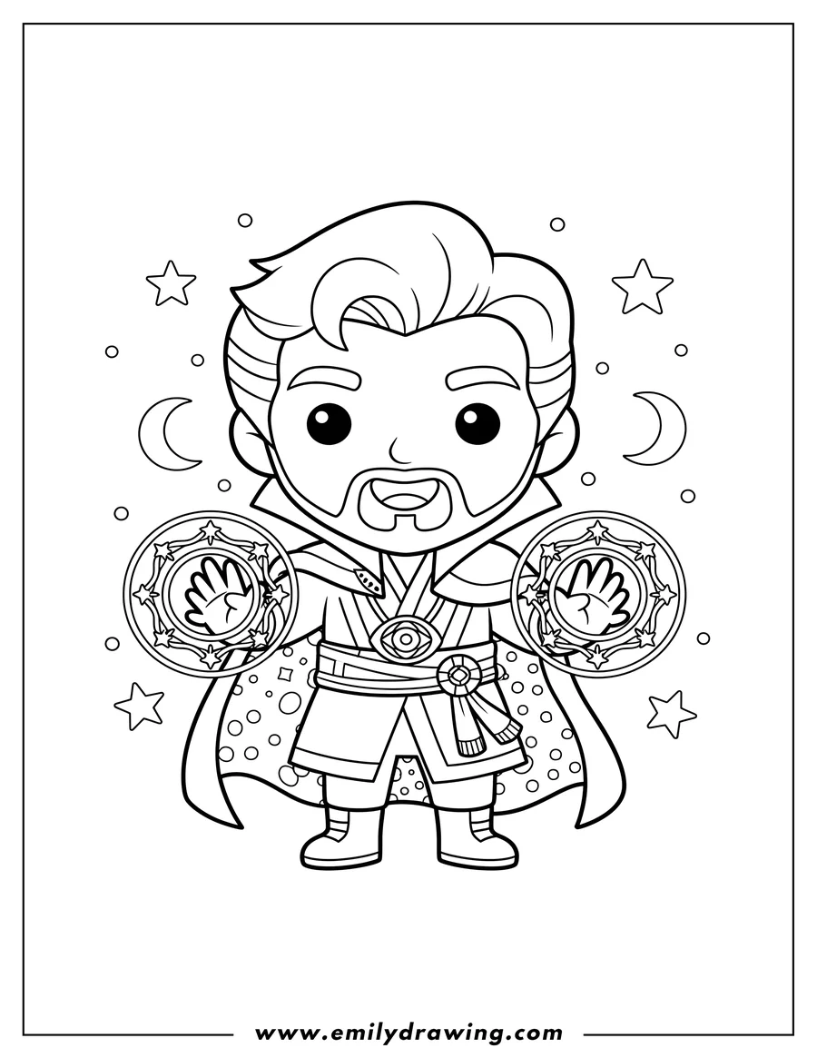 Printable coloring page of easy Adorable Chibi Doctor Strange casting a magic spell for preschoolers