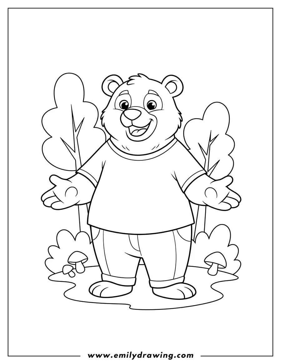 High quality printable easy Adult Bear Standing upright in a Forest, smiling for coloring