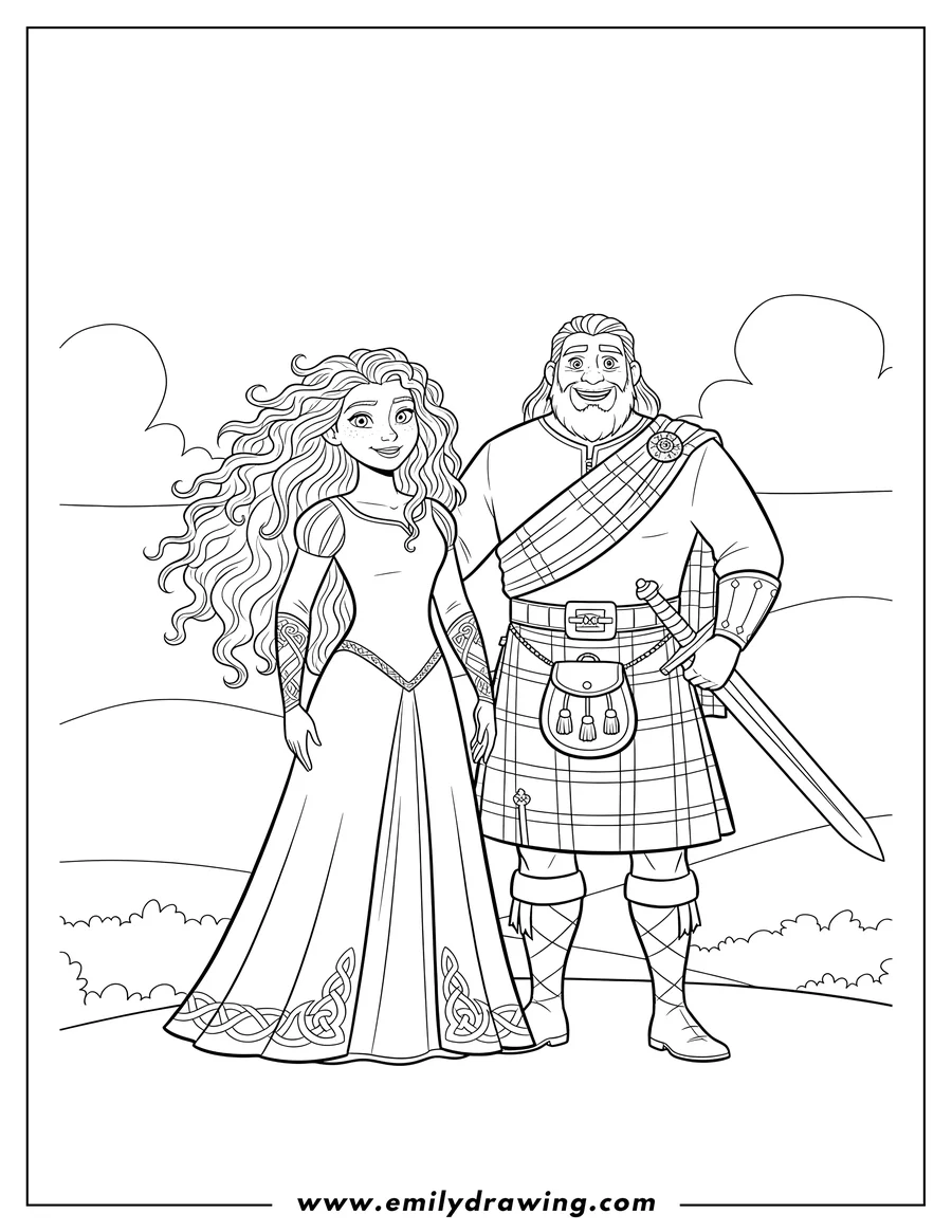 Linear illustration of adult Merida in a long dress and Lord Macguffin in a kilt with a sword, standing side-by-side