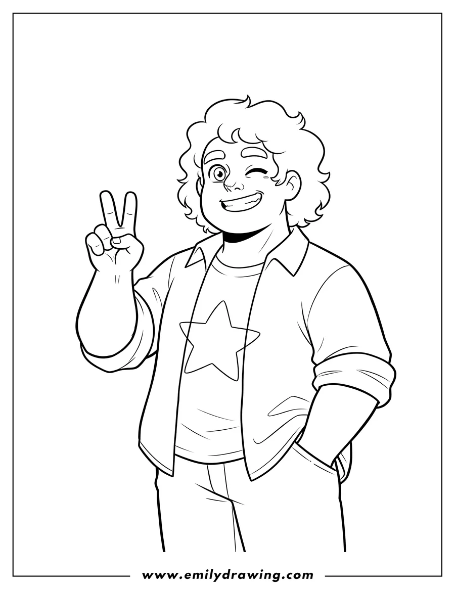 Outline drawing of easy Adult Steven Universe winking, smiling, and making a peace sign, with one hand in his pocket
