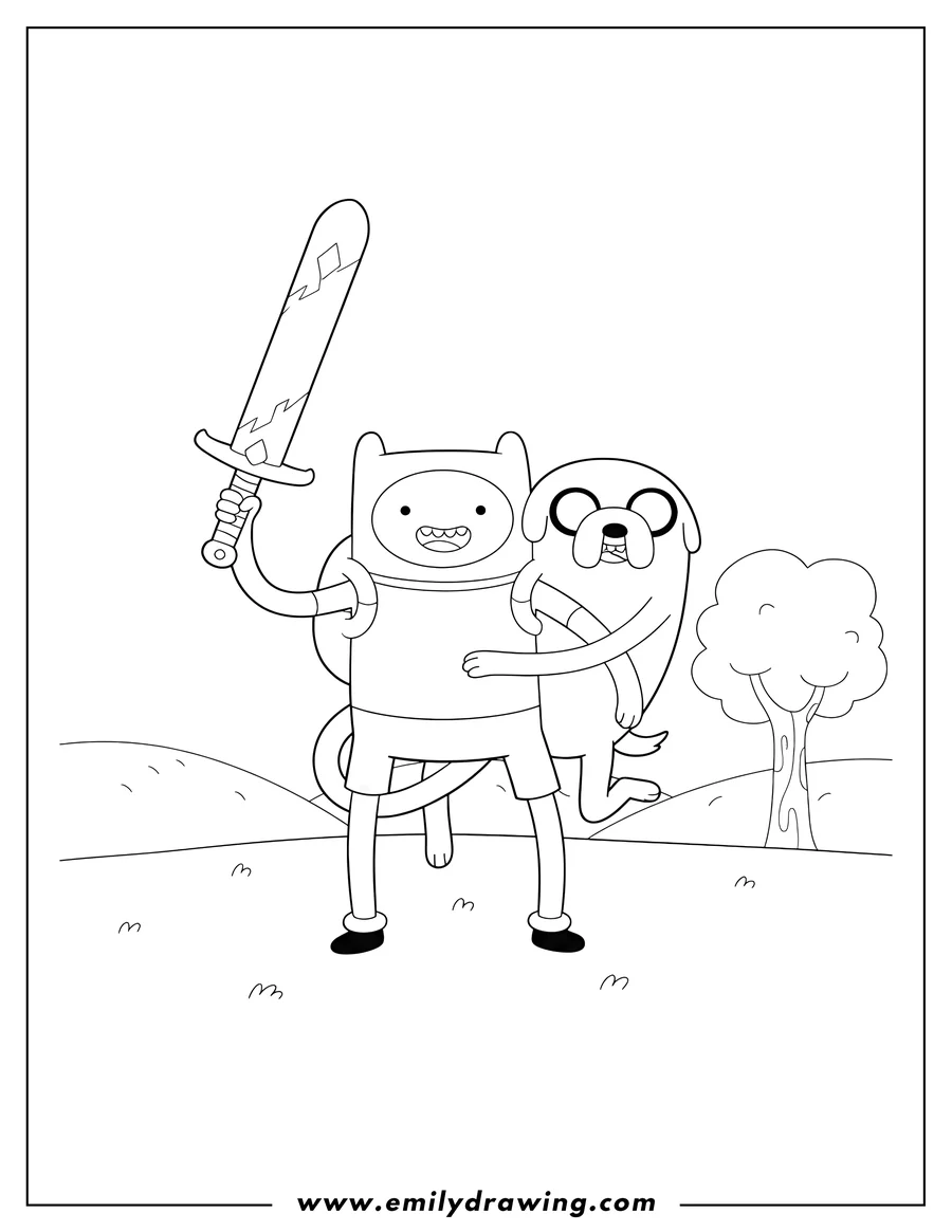 Full page coloring image of adventure Time Tv: Finn and Jake, Finn holding a sword