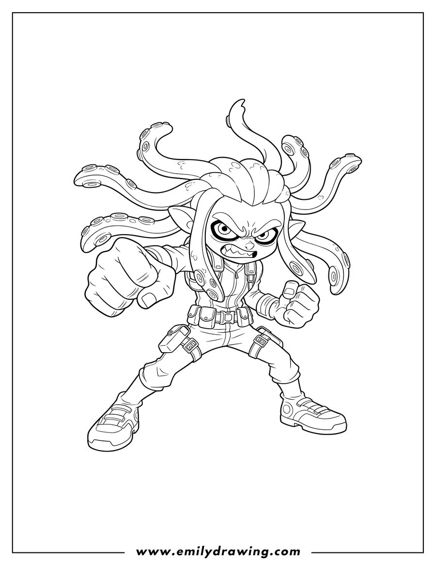 Simple sketch of easy Agent 3 in a dynamic, angry pose with braided tentacles, outline to color