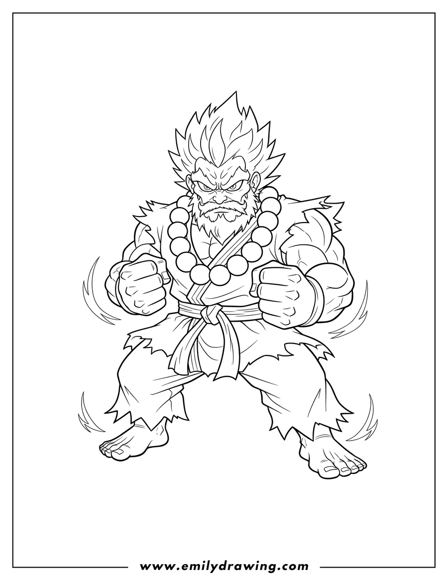 Simple sketch of scary Street Fighter Akuma in a fighting stance, with clenched fists and prayer beads to color