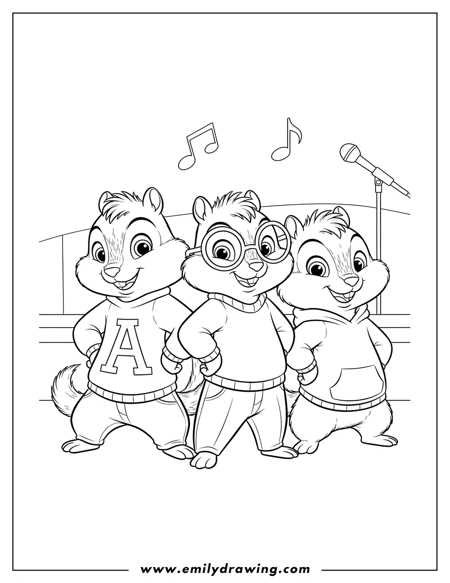 Doodle style coloring picture of alvin And Chipmunks Movies: Alvin, Simon, and Theodore posing together, with Simon wearing glasses and Alvin in his 'A' shirt