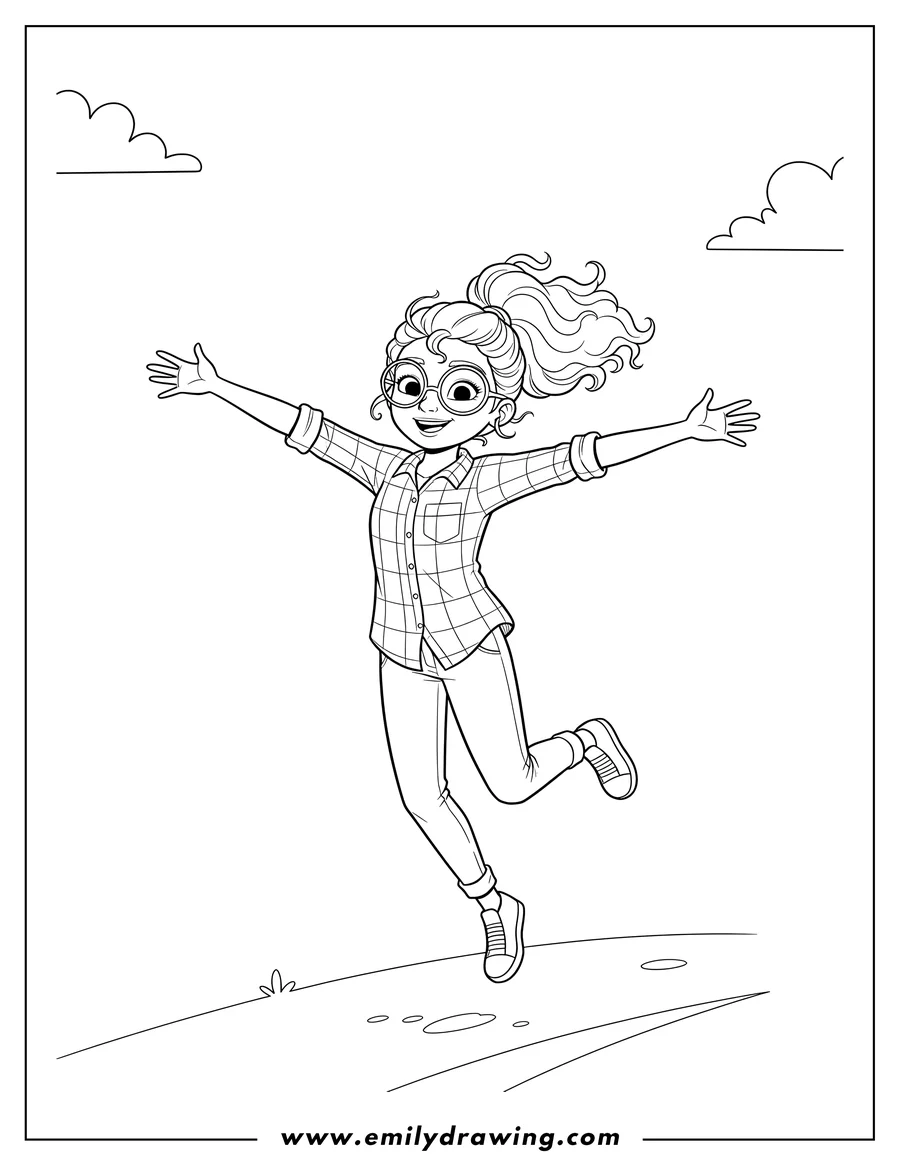 Vector style outline of alya Cesaire Skipping, wearing glasses and a plaid shirt, with her arms out