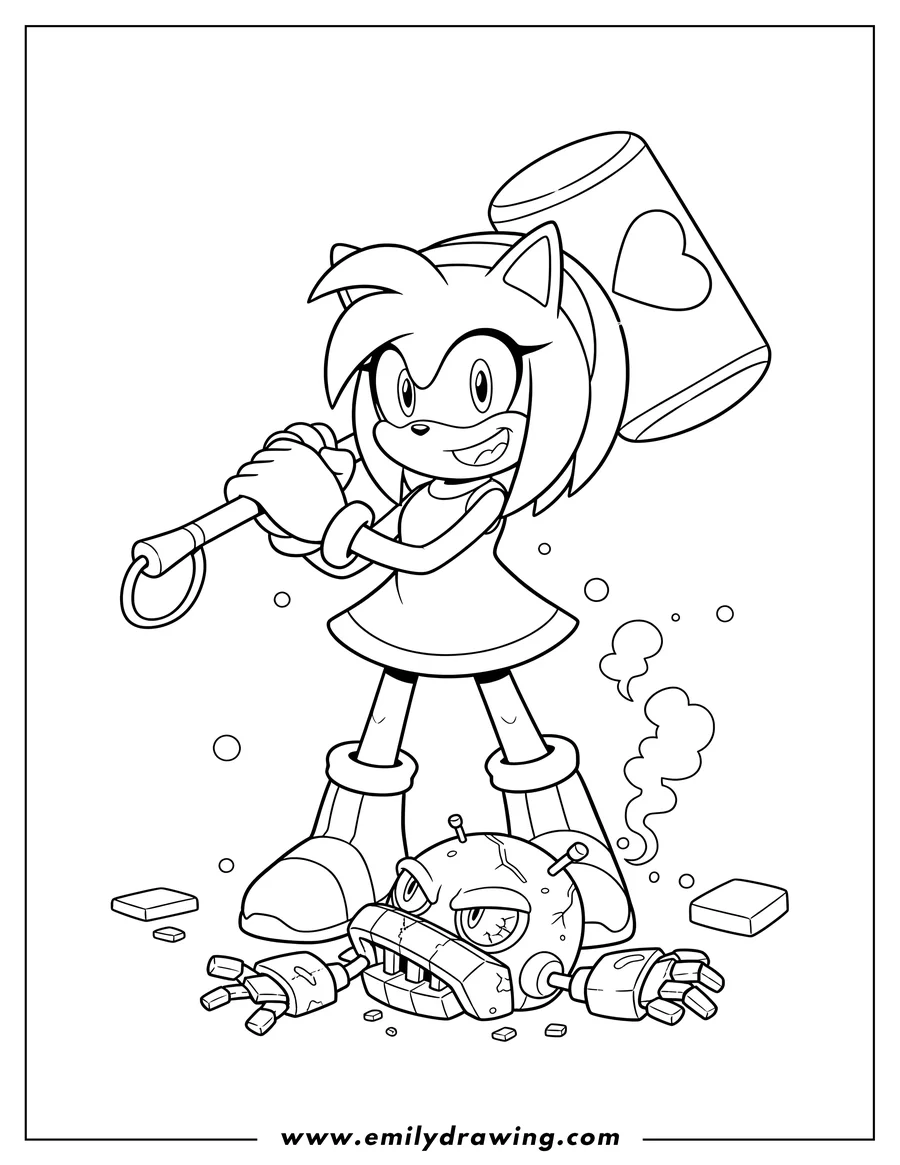 Black and white line art of amy Rose Super Smash Bros, smiling and standing over a defeated robot with her hammer