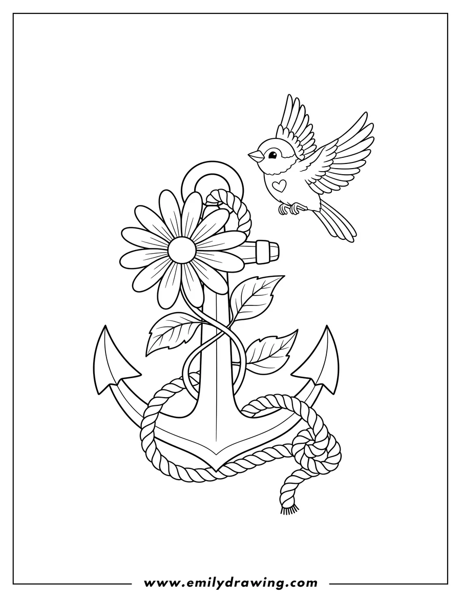 Clean line drawing: anchor with a flower, a flying sparrow, and a rope