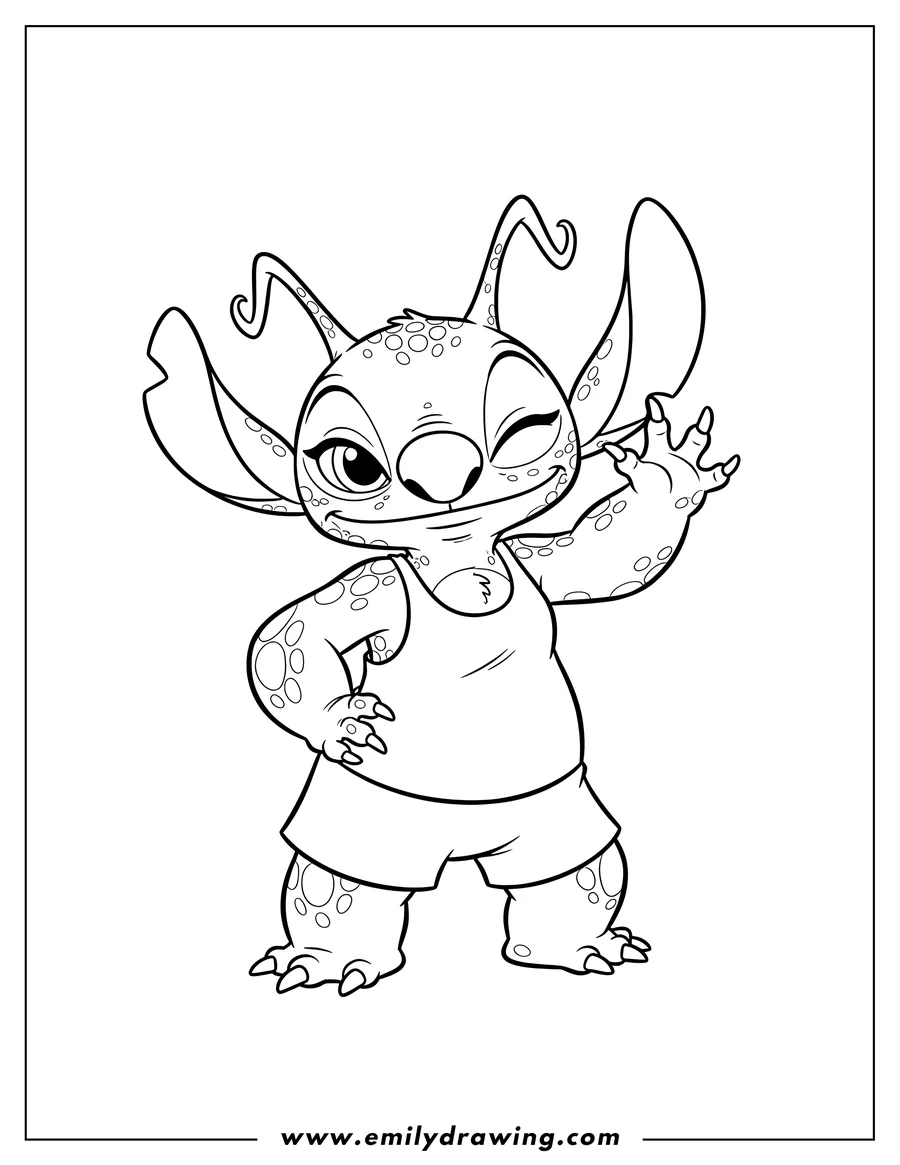 PDF style coloring page: angel Experiment 624 Character Scaled, winking with one hand raised and the other on her hip