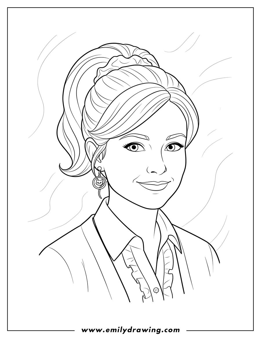 Simple sketch of easy Angela Martin Portrait with her hair in a ponytail and an earring to color