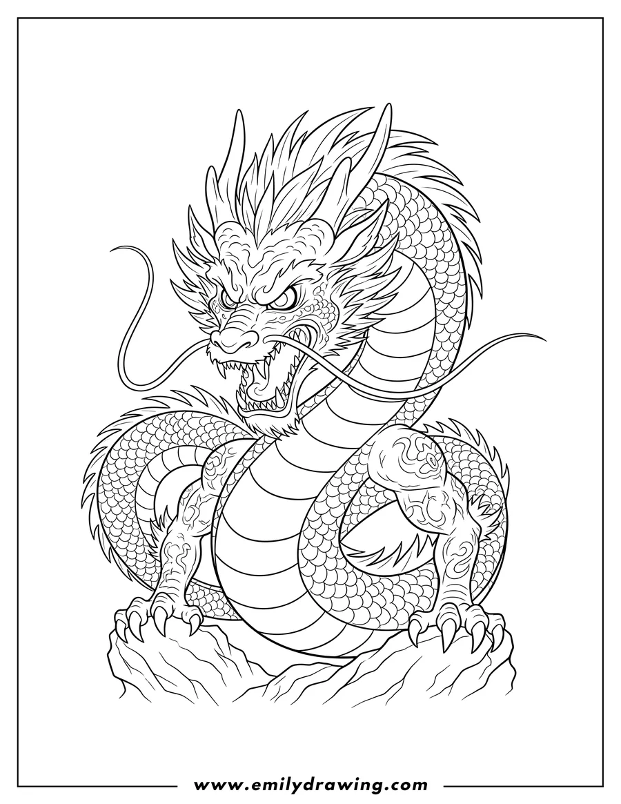 Downloadable coloring page of angry Asian-style cartoon dragon with horns