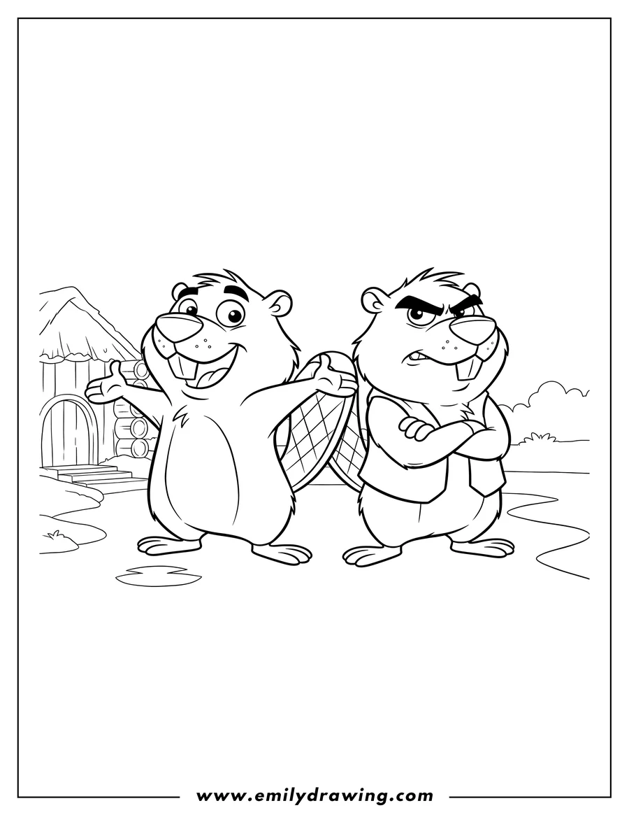 Outline drawing of easy Angry Beavers Outline: Smiling Daggett and grumpy Norbert with crossed arms