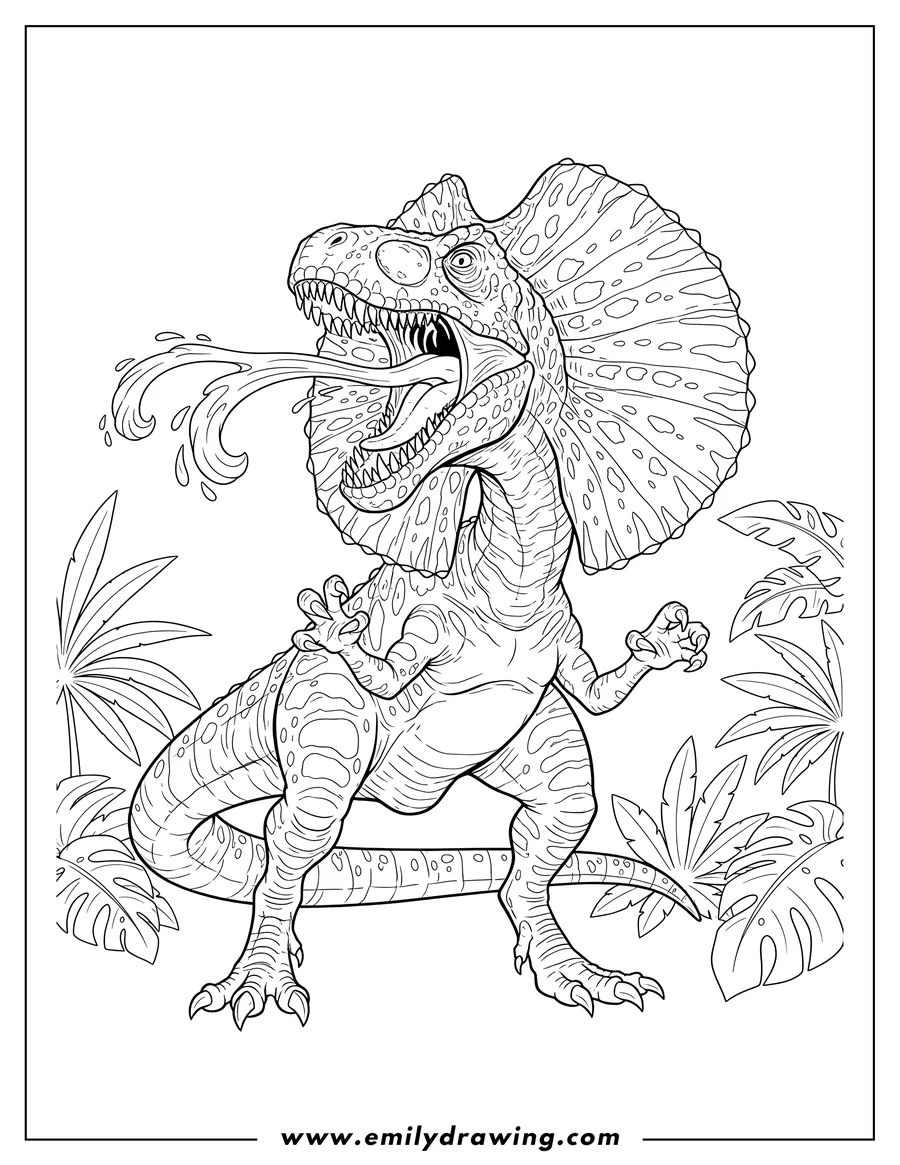Coloring sheet featuring angry Dilophosaurus with frill extended, roaring and spitting