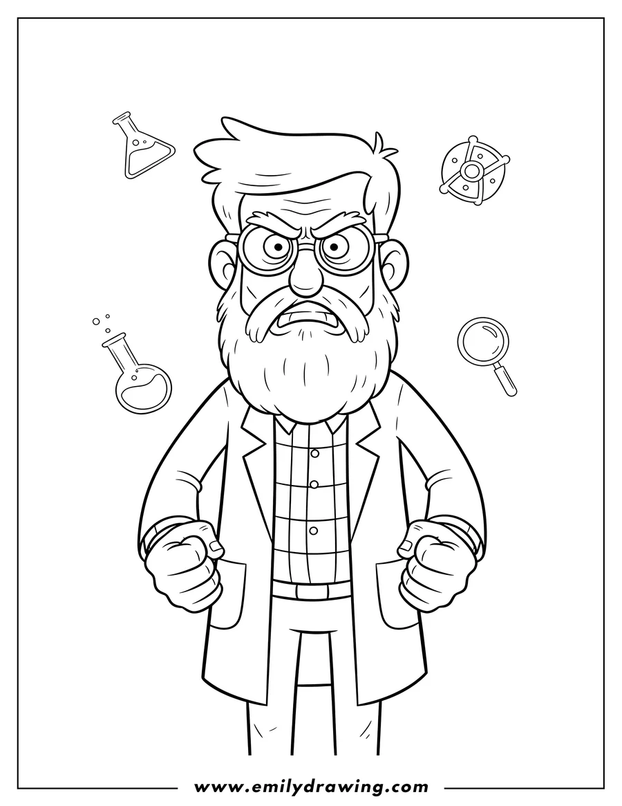 Printable coloring page of outline Angry Ford Pines wearing glasses, clenching his fists