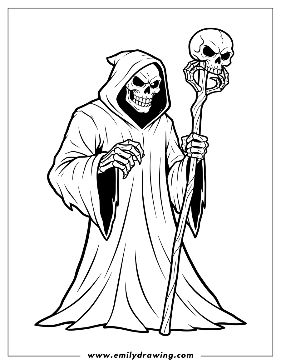 Downloadable coloring page of angry Grim Reaper in a hooded robe, holding a staff with skeleton hands