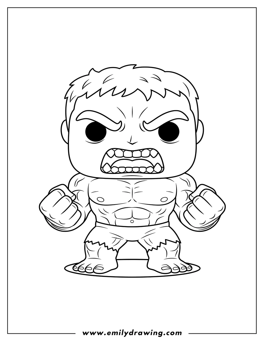 Full page coloring image of angry Hulk Funko Pop with clenched fists and bared teeth