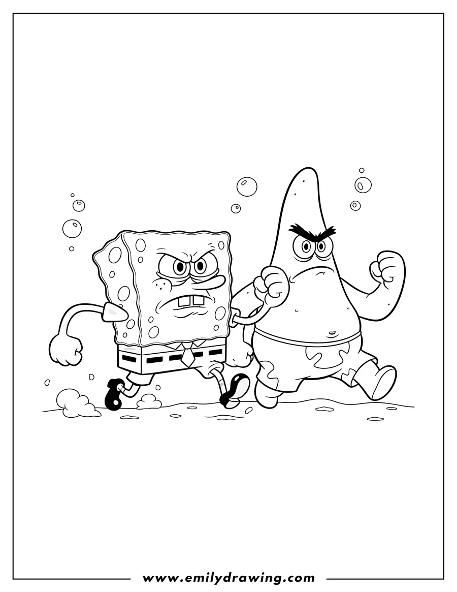 Outline drawing of angry Spongebob And Patrick Star Marching with clenched fists