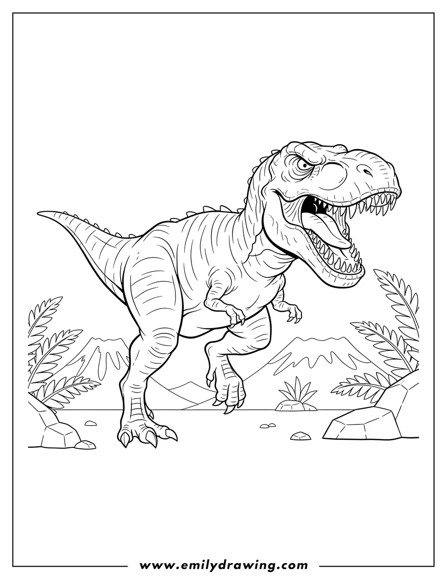 Doodle style coloring picture of angry T-Rex running with bared teeth
