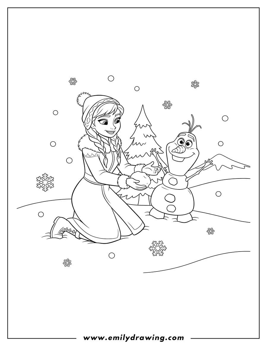 Free printable coloring sheet of anna And Olaf Playing Snow, with Anna kneeling and Olaf waving