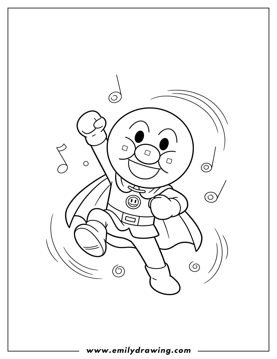 Vector style outline of anpanman dancing, striking a heroic pose with a wide smile and clenched fists