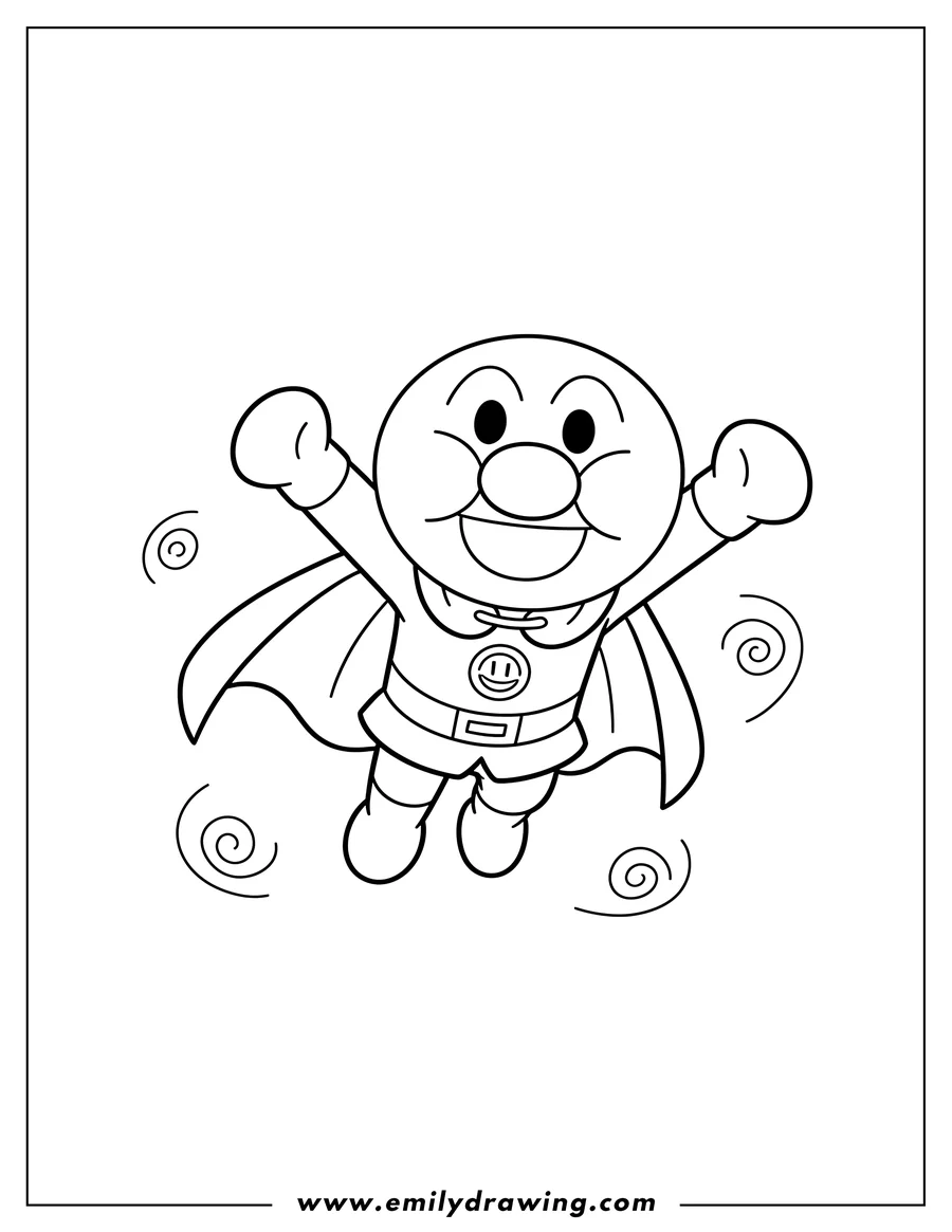 Coloring page of easy Anpanman flying with a cape and outstretched arms for preschoolers