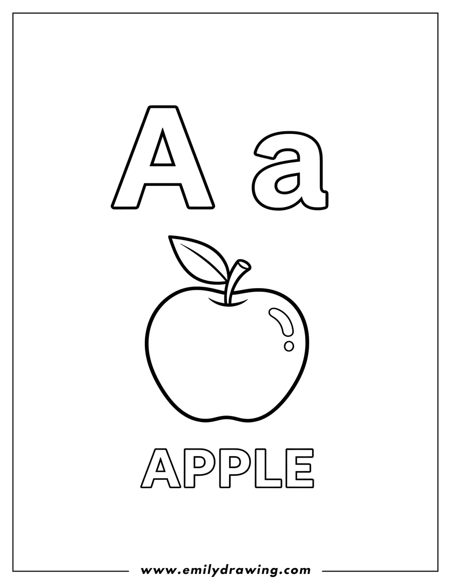 Coloring page for kids: apple Flashcard with uppercase and lowercase A, an apple illustration, and the word 'apple'