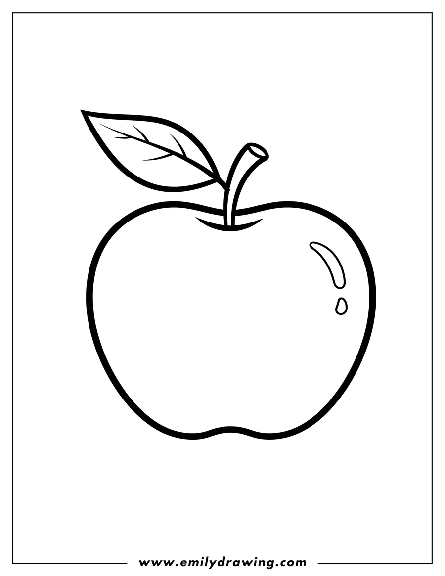Coloring page for kids: apple Outline Template with a stem and a single leaf
