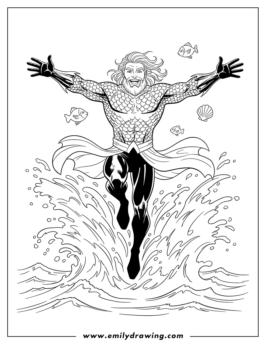 PDF style coloring page: aquaman Arthur Curry leaping out of water with a happy expression and arms outstretched, surrounded by splashes