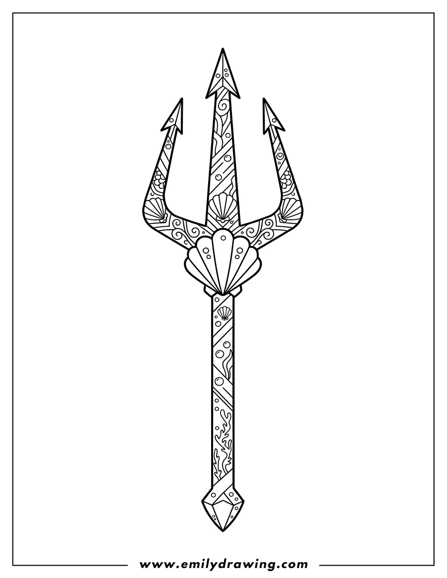 Simple sketch of easy Aquaman Trident outline with decorative patterns to color