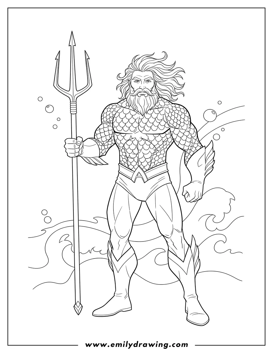 High quality printable aquaman Superhero holding a trident, with beard and flowing hair for coloring