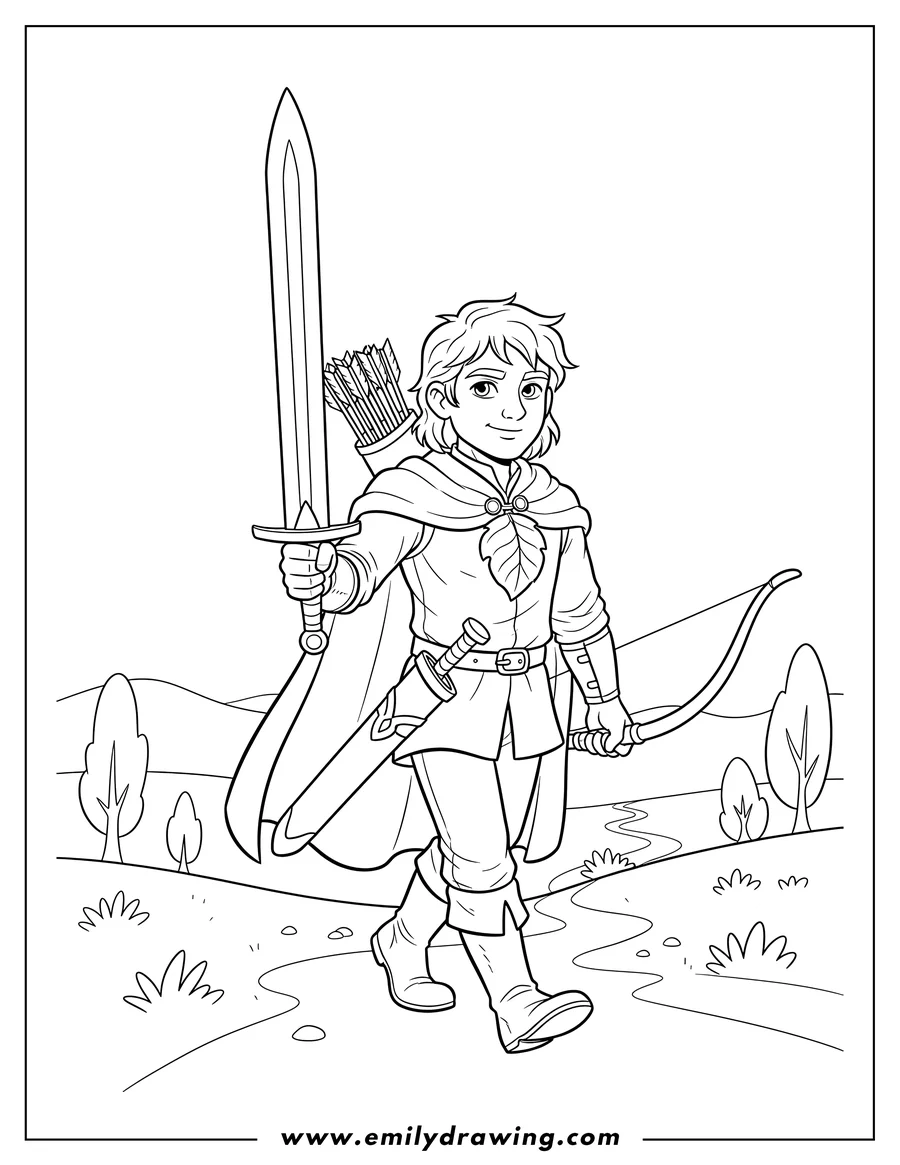Clean line drawing: lord Rings Aragorn walking, holding a sword, with a bow and quiver