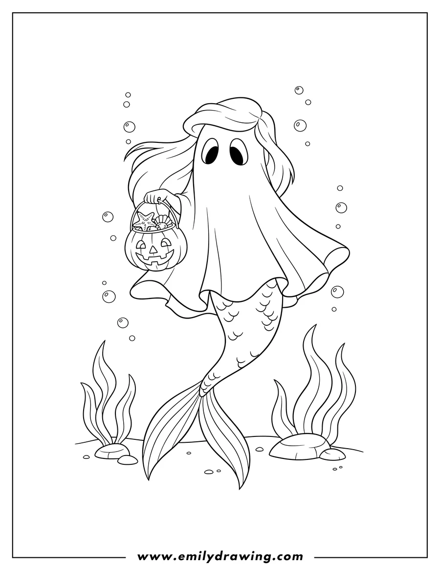 Clean line drawing: ariel in a ghost costume holding a jack-o'-lantern bucket under the sea